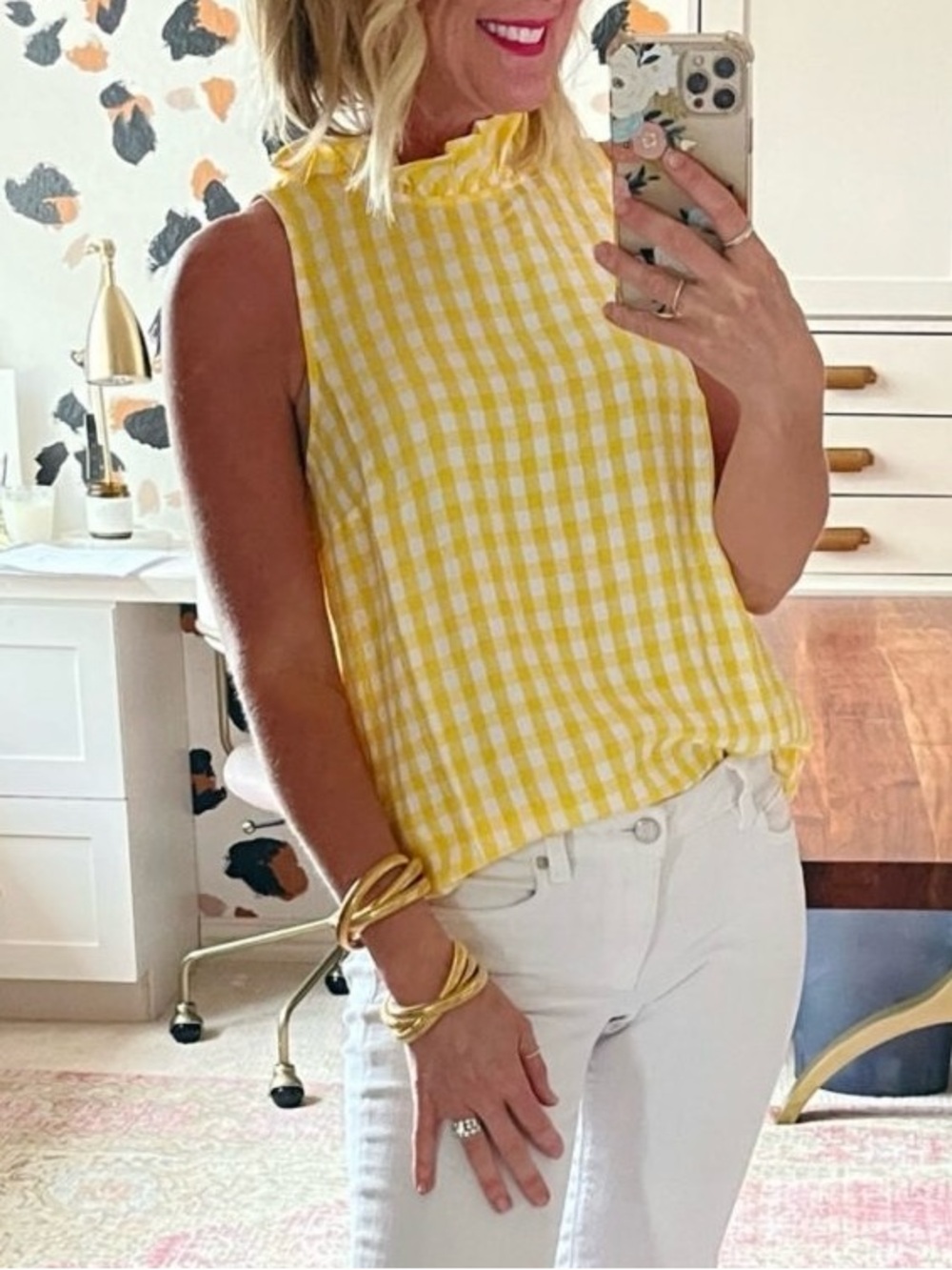 J.Crew Ruffleneck Top in Drapey Gingham Yellow White Sleeveless Blouse Small